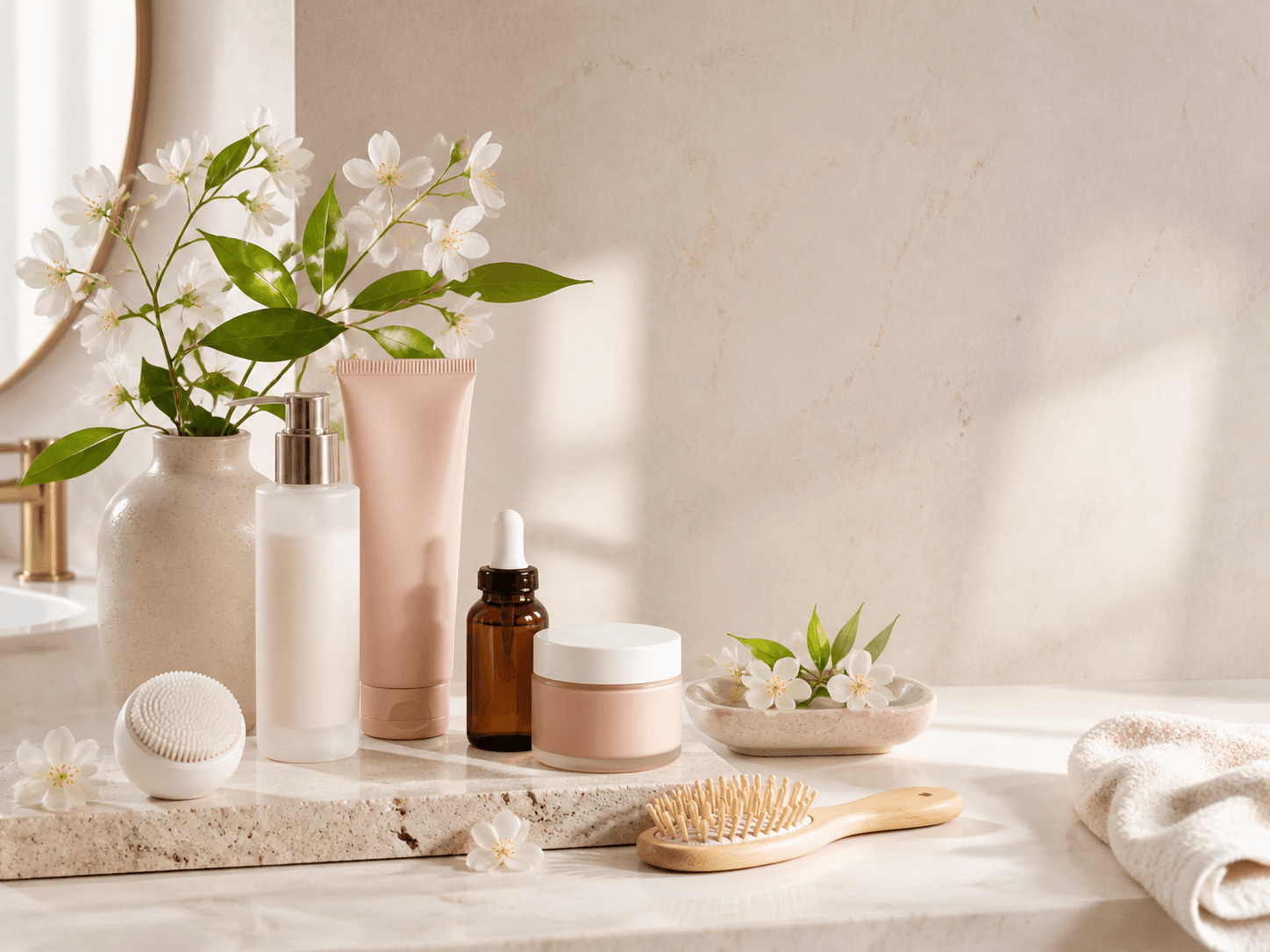 A calm skincare routine arranged on a stone bathroom vanity