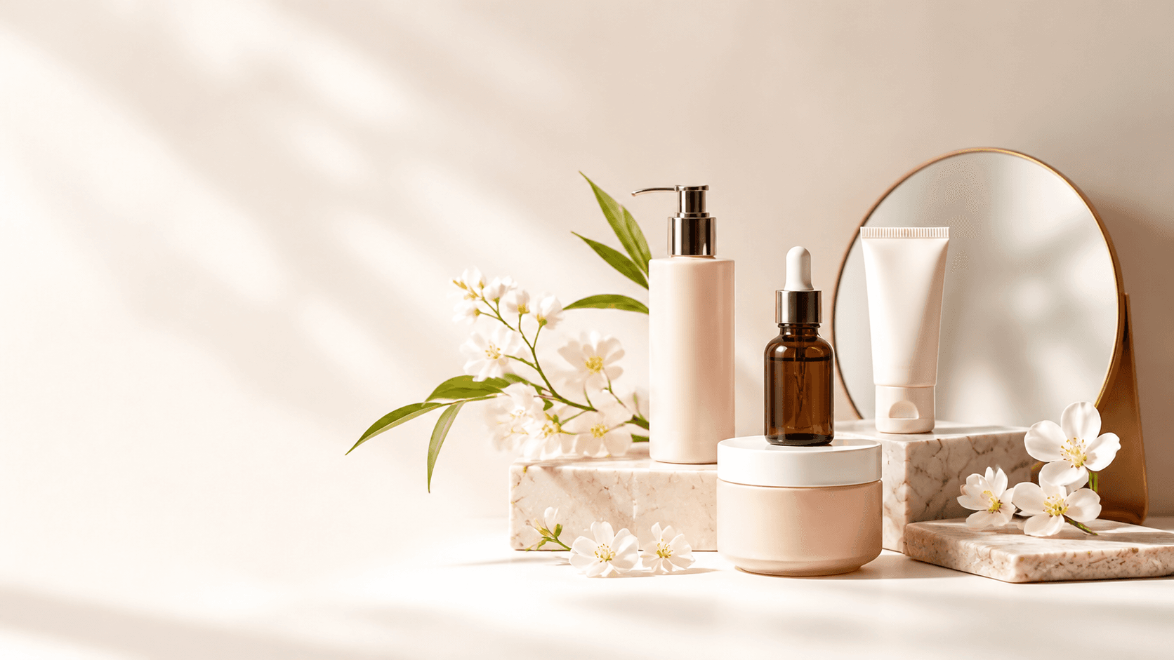 Botanical skincare products arranged beside blossoms and a round mirror